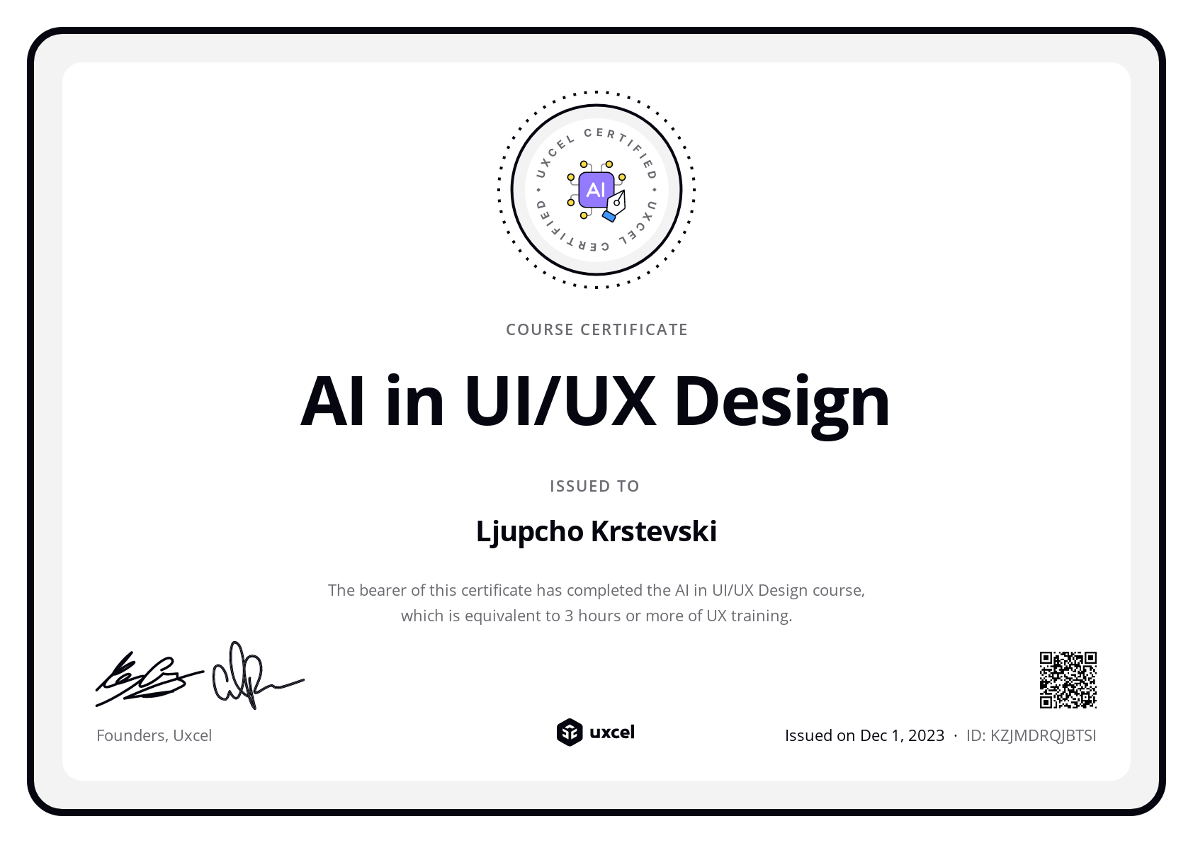 Ljupcho Krstevski's certificate